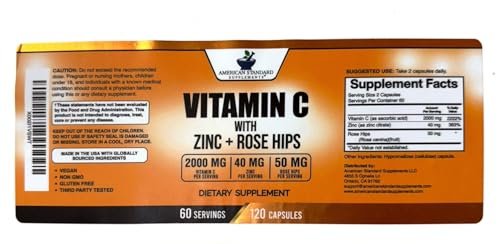 American Standard Supplements Vitamin C 2000 mg, Zink 40 mg und Hagebutte 50 mg pro Portion – Vegan, Glutenfrei, Nicht-GVO (120 Kapseln)