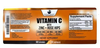 American Standard Supplements Vitamin C 2000 mg, Zink 40 mg und Hagebutte 50 mg pro Portion – Vegan, Glutenfrei, Nicht-GVO (120 Kapseln)