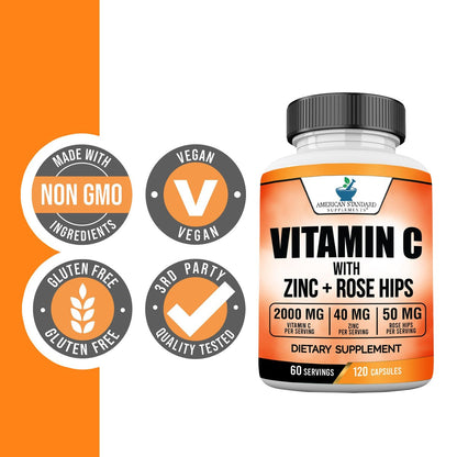American Standard Supplements Vitamin C 2000 mg, Zink 40 mg und Hagebutte 50 mg pro Portion – Vegan, Glutenfrei, Nicht-GVO (120 Kapseln)