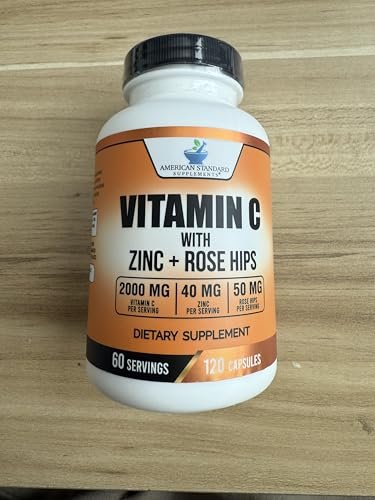 American Standard Supplements Vitamin C 2000 mg, Zink 40 mg und Hagebutte 50 mg pro Portion – Vegan, Glutenfrei, Nicht-GVO (120 Kapseln)