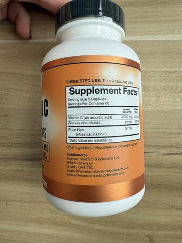 American Standard Supplements Vitamin C 2000 mg, Zink 40 mg und Hagebutte 50 mg pro Portion – Vegan, Glutenfrei, Nicht-GVO (120 Kapseln)