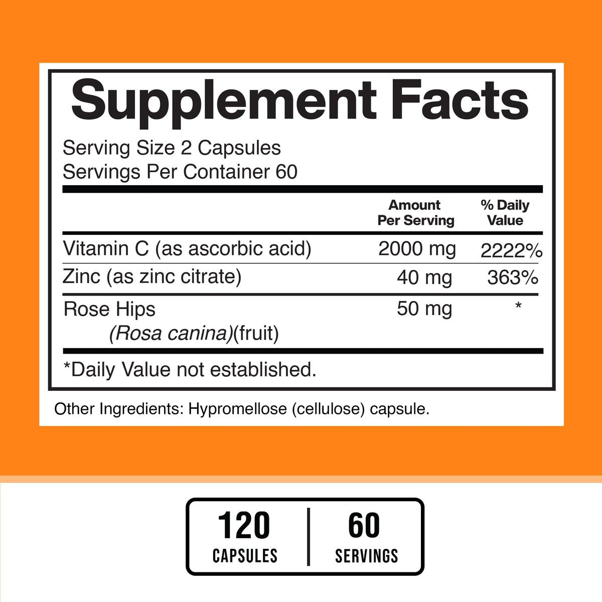 American Standard Supplements Vitamin C 2000 mg, Zink 40 mg und Hagebutte 50 mg pro Portion – Vegan, Glutenfrei, Nicht-GVO (120 Kapseln)