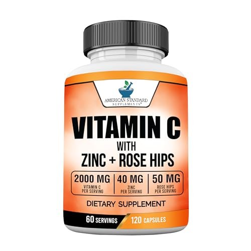 American Standard Supplements Vitamin C 2000 mg, Zink 40 mg und Hagebutte 50 mg pro Portion – Vegan, Glutenfrei, Nicht-GVO (120 Kapseln)
