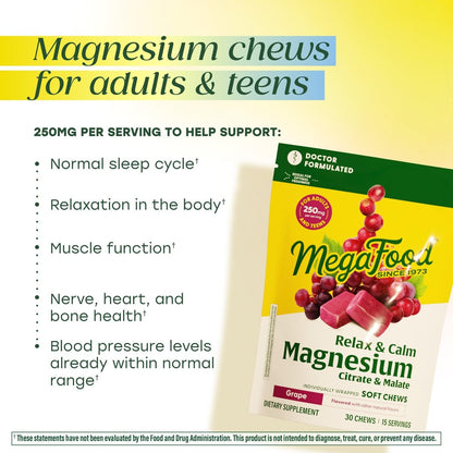 MegaFood Relax + Calm Magnesium Complex – 30 Soft Chews (15 Portionen) mit Magnesiumcitrat & -malat für Herzgesundheit & Muskelentspannung – Arztformuliert – Vegetarisch – Traubengeschmack