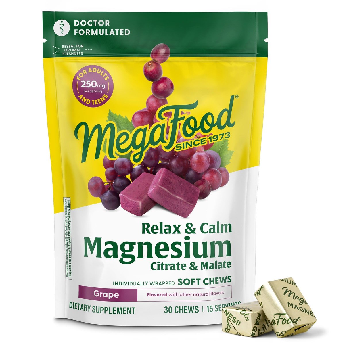 MegaFood Relax + Calm Magnesium Complex – 30 Soft Chews (15 Portionen) mit Magnesiumcitrat & -malat für Herzgesundheit & Muskelentspannung – Arztformuliert – Vegetarisch – Traubengeschmack