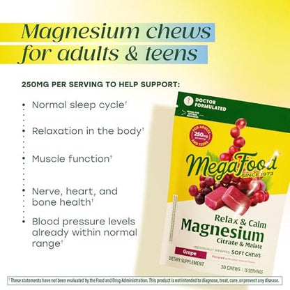 MegaFood Relax + Calm Magnesium Complex – 30 Soft Chews (15 Portionen) mit Magnesiumcitrat & -malat für Herzgesundheit & Muskelentspannung – Arztformuliert – Vegetarisch – Traubengeschmack