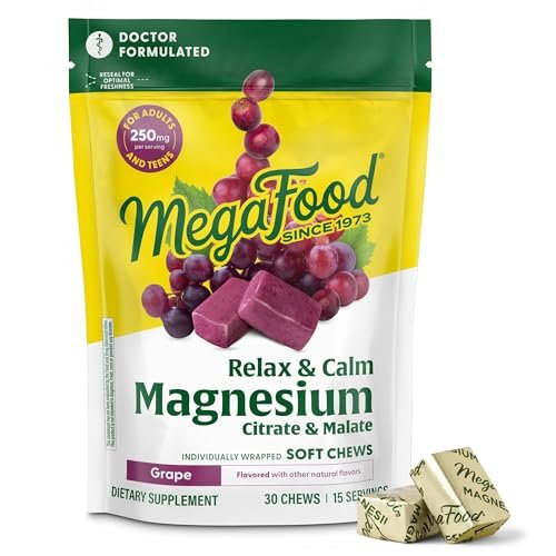 MegaFood Relax + Calm Magnesium Complex – 30 Soft Chews (15 Portionen) mit Magnesiumcitrat & -malat für Herzgesundheit & Muskelentspannung – Arztformuliert – Vegetarisch – Traubengeschmack