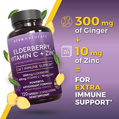Viva Naturals Holunder mit Vitamin C und Zink für Erwachsene - 5-in-1 Sambucus Holunderkapseln mit Vitamin D3 5000 IE Immunitätsergänzung, Holunder Immununterstützung
