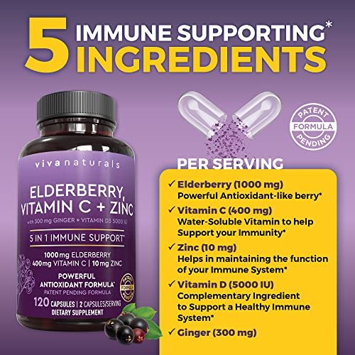 Viva Naturals Holunder mit Vitamin C und Zink für Erwachsene - 5-in-1 Sambucus Holunderkapseln mit Vitamin D3 5000 IE Immunitätsergänzung, Holunder Immununterstützung