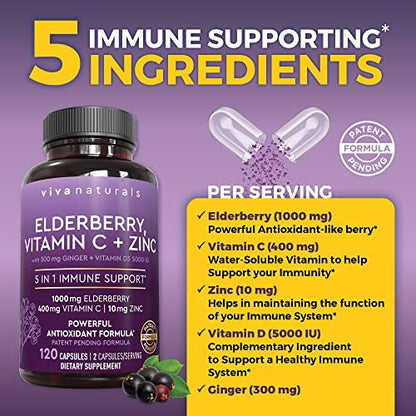 Viva Naturals Holunder mit Vitamin C und Zink für Erwachsene - 5-in-1 Sambucus Holunderkapseln mit Vitamin D3 5000 IE Immunitätsergänzung, Holunder Immununterstützung