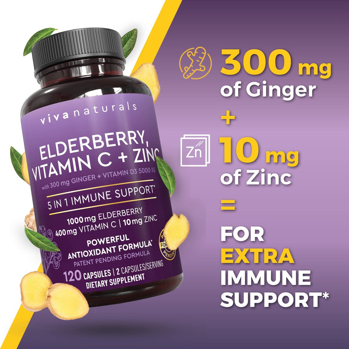 Viva Naturals Holunder mit Vitamin C und Zink für Erwachsene - 5-in-1 Sambucus Holunderkapseln mit Vitamin D3 5000 IE Immunitätsergänzung, Holunder Immununterstützung