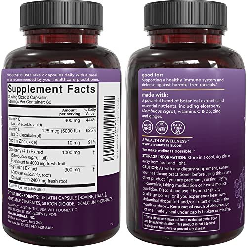 Viva Naturals Holunder mit Vitamin C und Zink für Erwachsene - 5-in-1 Sambucus Holunderkapseln mit Vitamin D3 5000 IE Immunitätsergänzung, Holunder Immununterstützung