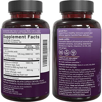 Viva Naturals Holunder mit Vitamin C und Zink für Erwachsene - 5-in-1 Sambucus Holunderkapseln mit Vitamin D3 5000 IE Immunitätsergänzung, Holunder Immununterstützung