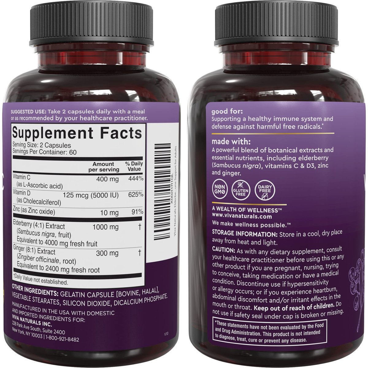 Viva Naturals Holunder mit Vitamin C und Zink für Erwachsene - 5-in-1 Sambucus Holunderkapseln mit Vitamin D3 5000 IE Immunitätsergänzung, Holunder Immununterstützung