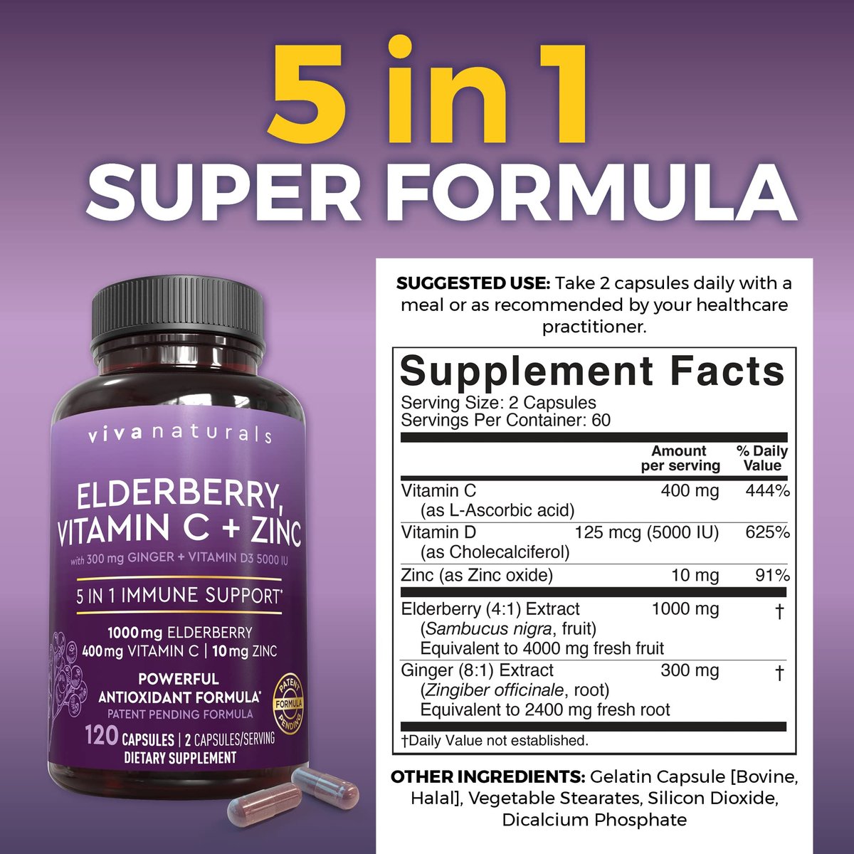 Viva Naturals Holunder mit Vitamin C und Zink für Erwachsene - 5-in-1 Sambucus Holunderkapseln mit Vitamin D3 5000 IE Immunitätsergänzung, Holunder Immununterstützung