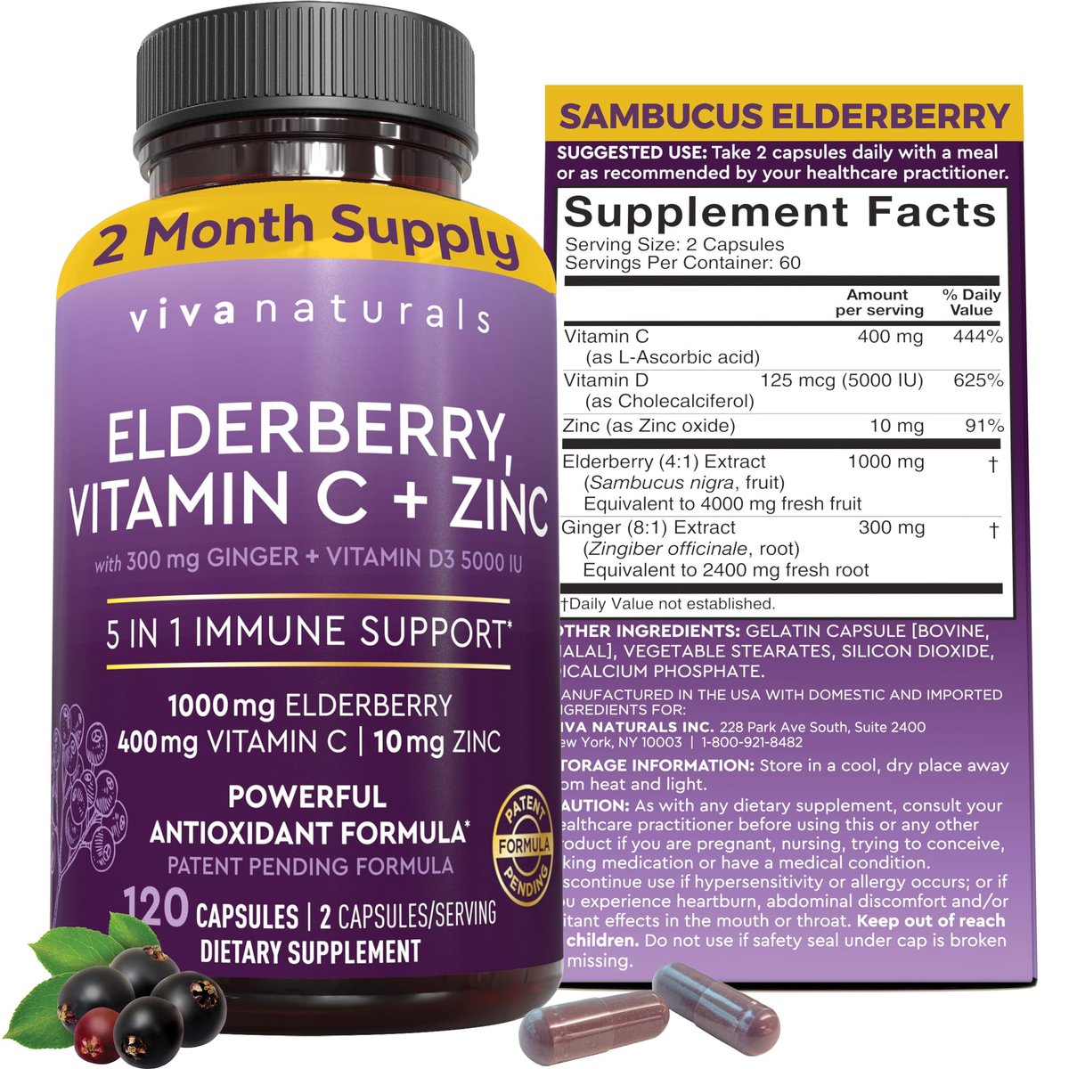 Viva Naturals Holunder mit Vitamin C und Zink für Erwachsene - 5-in-1 Sambucus Holunderkapseln mit Vitamin D3 5000 IE Immunitätsergänzung, Holunder Immununterstützung