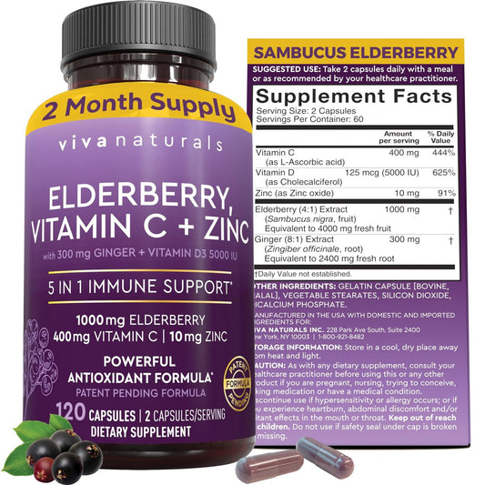 Viva Naturals Holunder mit Vitamin C und Zink für Erwachsene - 5-in-1 Sambucus Holunderkapseln mit Vitamin D3 5000 IE Immunitätsergänzung, Holunder Immununterstützung