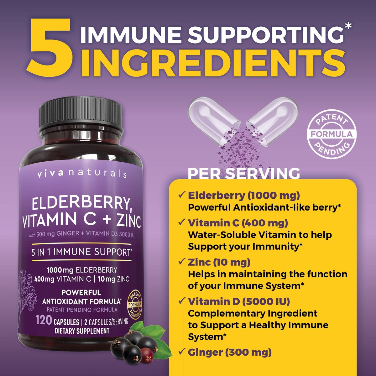 Viva Naturals Holunder mit Vitamin C und Zink für Erwachsene - 5-in-1 Sambucus Holunderkapseln mit Vitamin D3 5000 IE Immunitätsergänzung, Holunder Immununterstützung