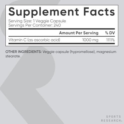 Sports Research Hochdosiertes Vitamin C Supplement – Vegane Kapseln für Antioxidantien-Aktivität & Immununterstützung – Non-GMO verifiziert & glutenfrei – Ascorbinsäure Vitamin C 1000mg, 240 Stück