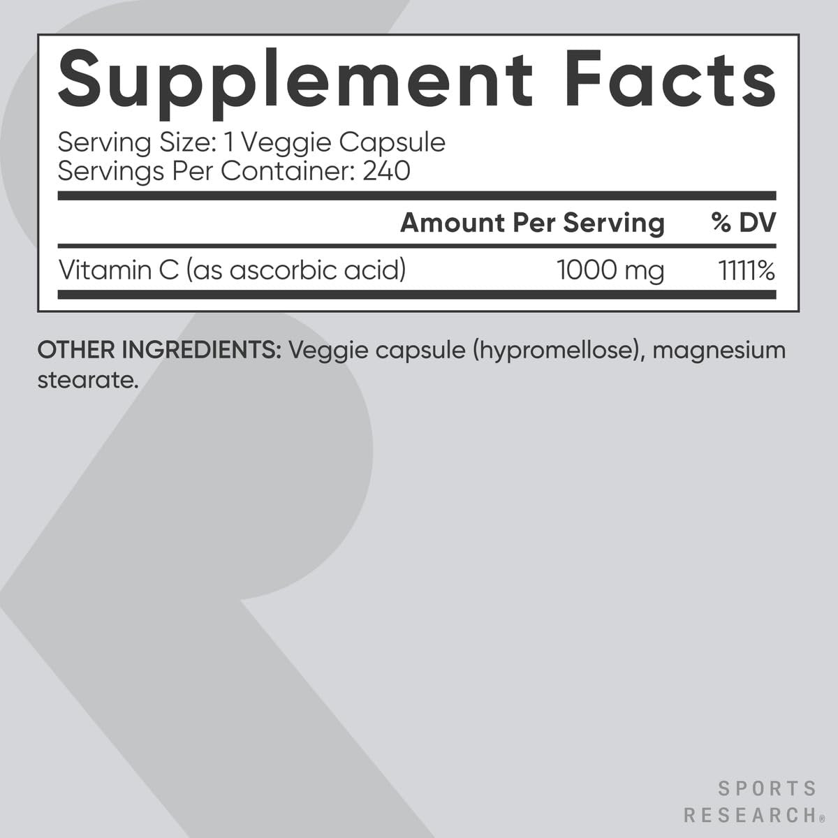 Sports Research Hochdosiertes Vitamin C Supplement – Vegane Kapseln für Antioxidantien-Aktivität & Immununterstützung – Non-GMO verifiziert & glutenfrei – Ascorbinsäure Vitamin C 1000mg, 240 Stück
