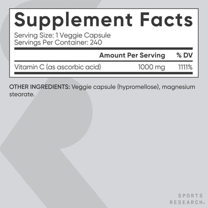 Sports Research Hochdosiertes Vitamin C Supplement – Vegane Kapseln für Antioxidantien-Aktivität & Immununterstützung – Non-GMO verifiziert & glutenfrei – Ascorbinsäure Vitamin C 1000mg, 240 Stück