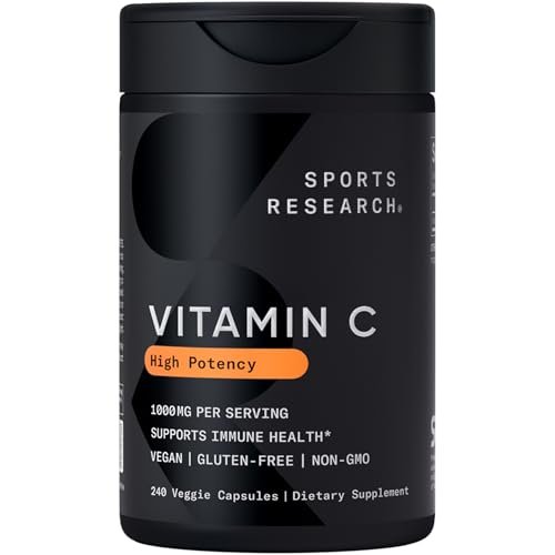 Sports Research Hochdosiertes Vitamin C Supplement – Vegane Kapseln für Antioxidantien-Aktivität & Immununterstützung – Non-GMO verifiziert & glutenfrei – Ascorbinsäure Vitamin C 1000mg, 240 Stück