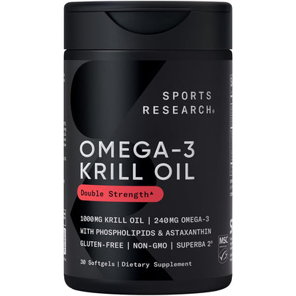 Sports Research Krillöl Kapseln mit EPA & DHA Omega-3, Phospholipiden & Astaxanthin aus antarktischem Krill – Höchste Konzentration an Krillöl für Männer & Frauen – 1000 mg, 30 Softgel-Kapseln