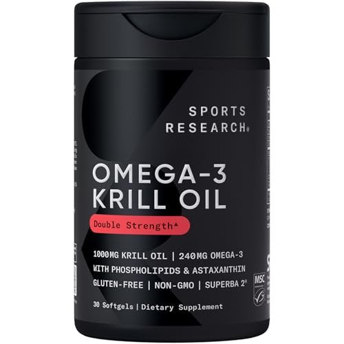 Sports Research Krillöl Kapseln mit EPA & DHA Omega-3, Phospholipiden & Astaxanthin aus antarktischem Krill – Höchste Konzentration an Krillöl für Männer & Frauen – 1000 mg, 30 Softgel-Kapseln