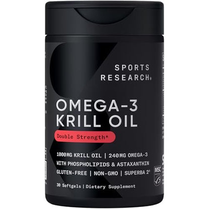 Sports Research Krillöl Kapseln mit EPA & DHA Omega-3, Phospholipiden & Astaxanthin aus antarktischem Krill – Höchste Konzentration an Krillöl für Männer & Frauen – 1000 mg, 30 Softgel-Kapseln