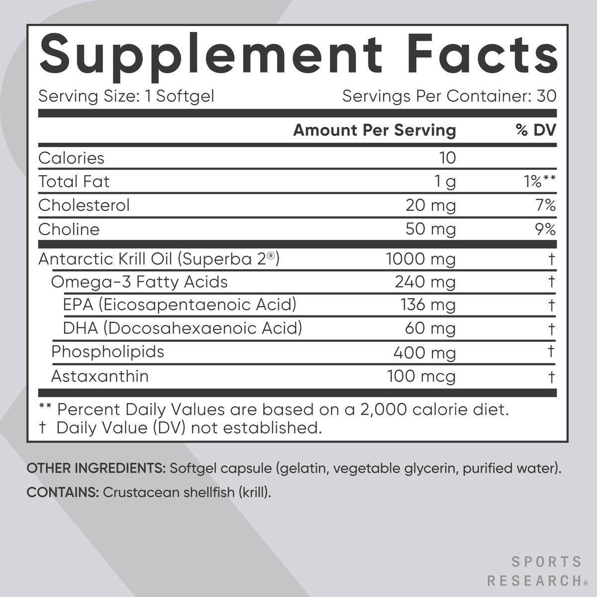 Sports Research Krillöl Kapseln mit EPA & DHA Omega-3, Phospholipiden & Astaxanthin aus antarktischem Krill – Höchste Konzentration an Krillöl für Männer & Frauen – 1000 mg, 30 Softgel-Kapseln