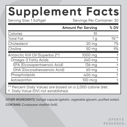 Sports Research Krillöl Kapseln mit EPA & DHA Omega-3, Phospholipiden & Astaxanthin aus antarktischem Krill – Höchste Konzentration an Krillöl für Männer & Frauen – 1000 mg, 30 Softgel-Kapseln