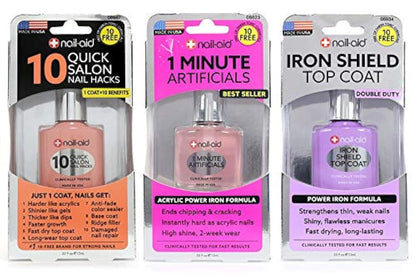 Nail-Aid 3er-Pack: 10 Quick Hacks + 1 Minute Artificials + Iron Shield Top Coat – Klarlack für starke, schöne Nägel (1,65 Fl Oz)