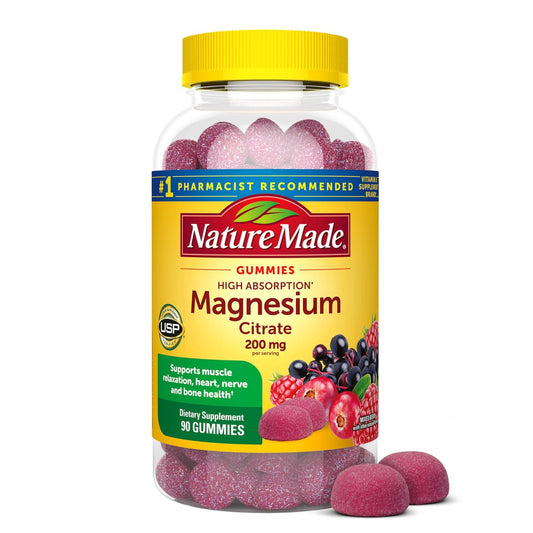 Nature Made Hochdosiertes Magnesiumcitrat 200 mg pro Portion – Magnesiumergänzung für Muskel-, Nerven-, Knochen- und Herzunterstützung – 90 Magnesiumgummis, 45-Tage-Vorrat