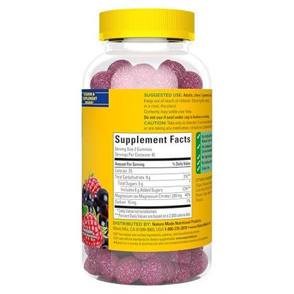 Nature Made Hochdosiertes Magnesiumcitrat 200 mg pro Portion – Magnesium Gummies für Muskeln, Nerven, Knochen und Herzunterstützung – 60 Gummis, 30-Tage-Vorrat