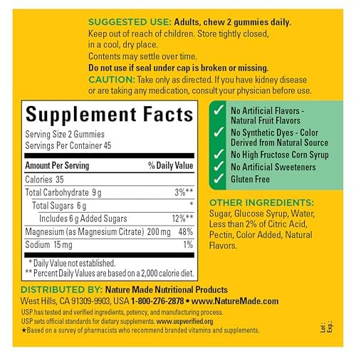 Nature Made Hochdosiertes Magnesiumcitrat 200 mg pro Portion – Magnesiumergänzung für Muskel-, Nerven-, Knochen- und Herzunterstützung – 90 Magnesiumgummis, 45-Tage-Vorrat
