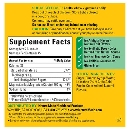 Nature Made Hochdosiertes Magnesiumcitrat 200 mg pro Portion – Magnesiumergänzung für Muskel-, Nerven-, Knochen- und Herzunterstützung – 90 Magnesiumgummis, 45-Tage-Vorrat