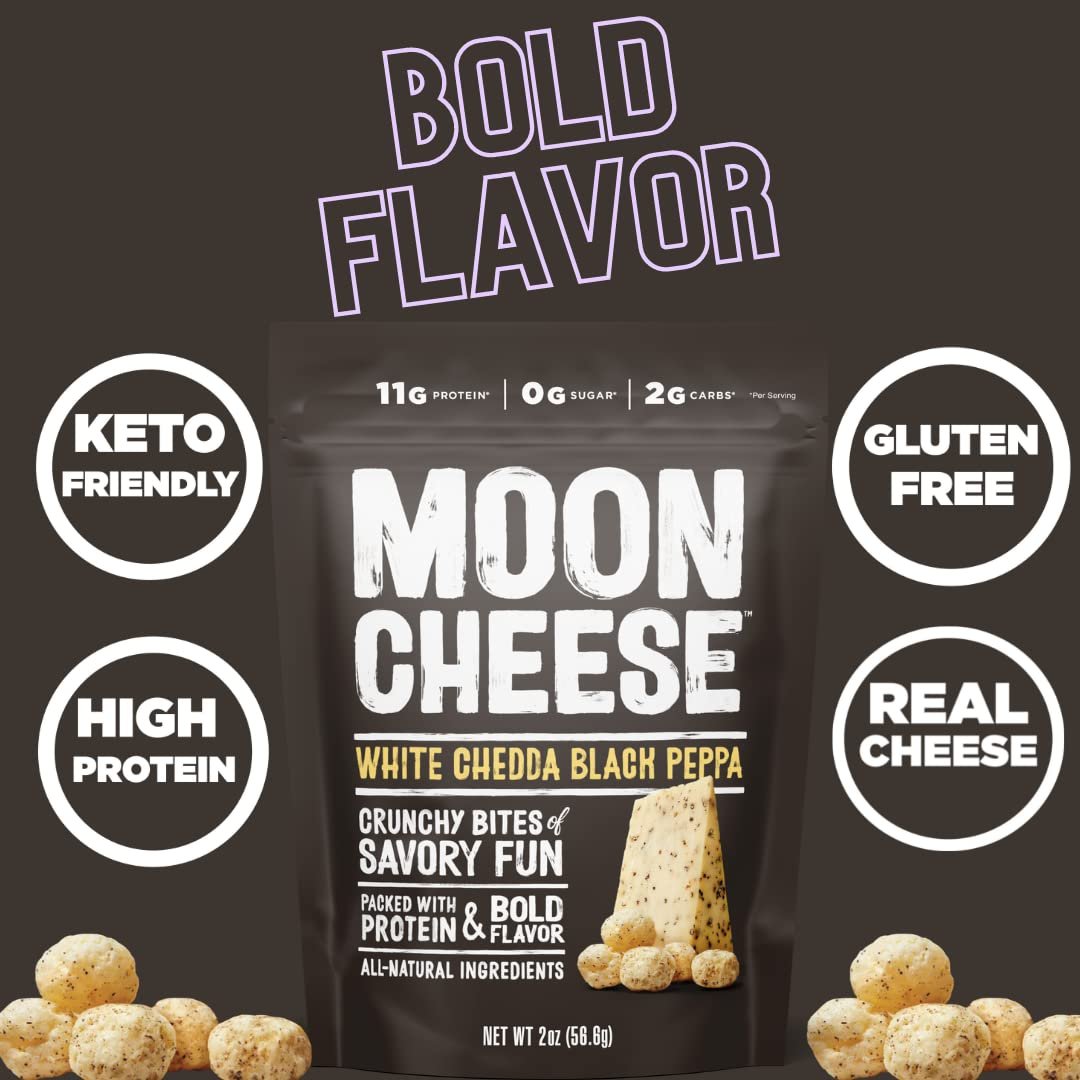 Moon Cheese Bites White Chedda Black Peppa – 100% echter Käse, proteinreich, keto-freundlich, 2 Unzen 3er-Pack