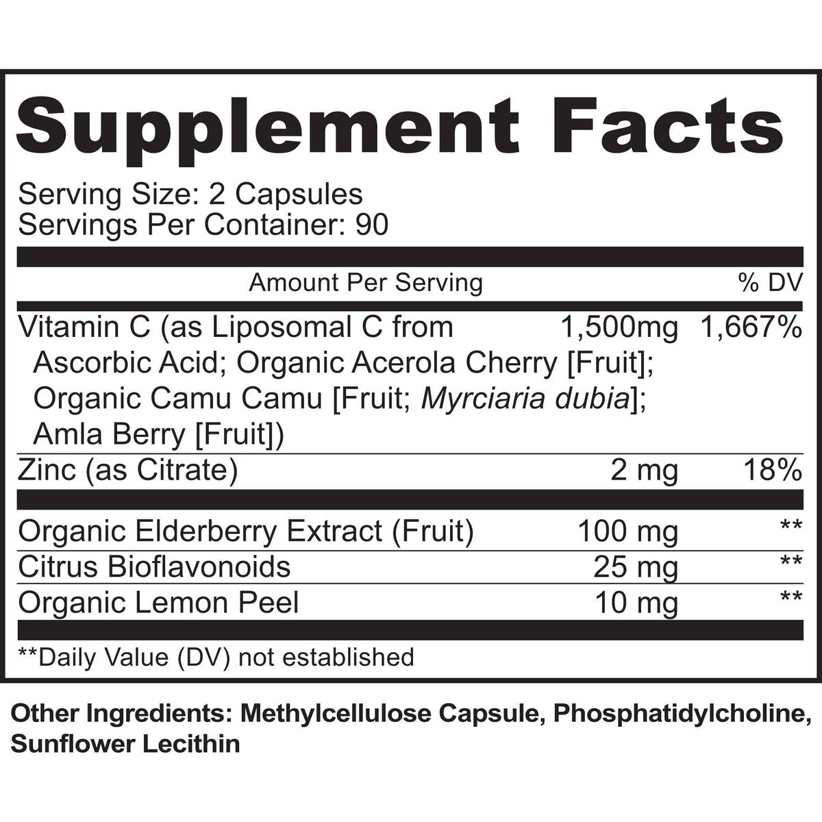 Liposomales Vitamin C mit Zink Kapseln - Bio Holunder, Amla, Camu Camu - Hohe Absorption, Anti-Aging, Immununterstützung, 1500 mg/Portion, 3-Monats-Vorrat, glutenfrei, nicht gentechnisch verändert, vegane Kapseln