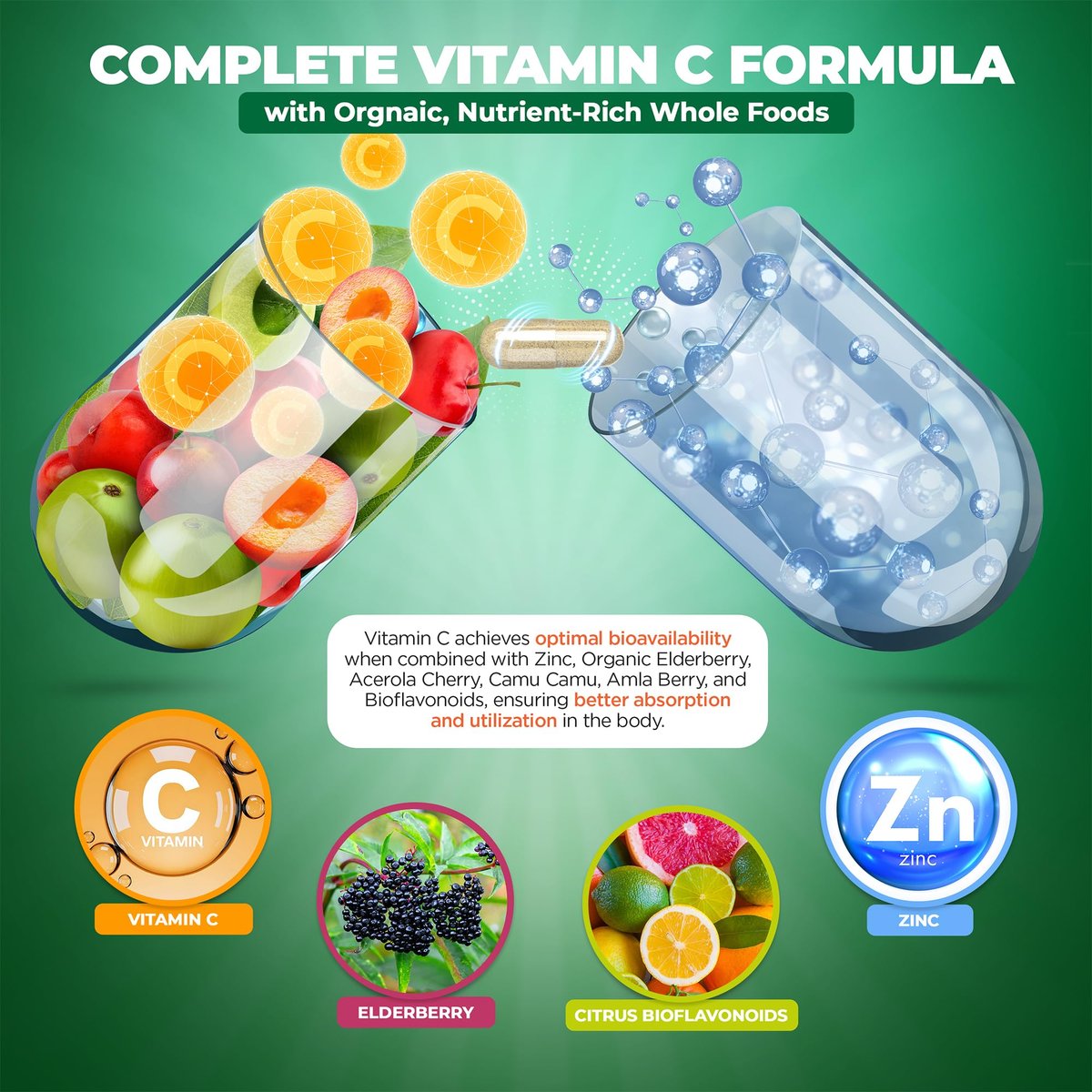 Liposomales Vitamin C mit Zink Kapseln - Bio Holunder, Amla, Camu Camu - Hohe Absorption, Anti-Aging, Immununterstützung, 1500 mg/Portion, 3-Monats-Vorrat, glutenfrei, nicht gentechnisch verändert, vegane Kapseln