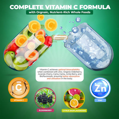 Liposomales Vitamin C mit Zink Kapseln - Bio Holunder, Amla, Camu Camu - Hohe Absorption, Anti-Aging, Immununterstützung, 1500 mg/Portion, 3-Monats-Vorrat, glutenfrei, nicht gentechnisch verändert, vegane Kapseln