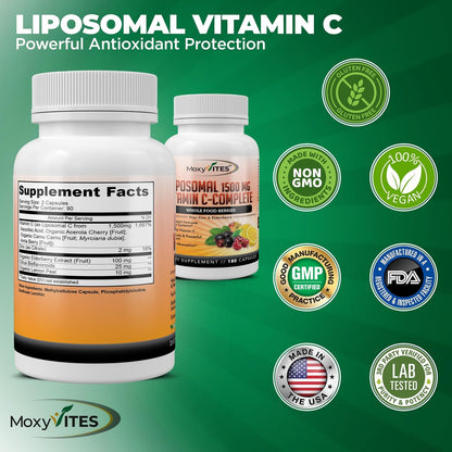 Liposomales Vitamin C mit Zink Kapseln - Bio Holunder, Amla, Camu Camu - Hohe Absorption, Anti-Aging, Immununterstützung, 1500 mg/Portion, 3-Monats-Vorrat, glutenfrei, nicht gentechnisch verändert, vegane Kapseln