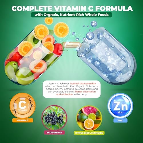 Liposomales Vitamin C mit Zink Kapseln - Bio Holunder, Amla, Camu Camu - Hohe Absorption, Anti-Aging, Immununterstützung, 1500 mg/Portion, 3-Monats-Vorrat, glutenfrei, nicht gentechnisch verändert, vegane Kapseln