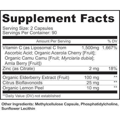 Liposomales Vitamin C mit Zink Kapseln - Bio Holunder, Amla, Camu Camu - Hohe Absorption, Anti-Aging, Immununterstützung, 1500 mg/Portion, 3-Monats-Vorrat, glutenfrei, nicht gentechnisch verändert, vegane Kapseln