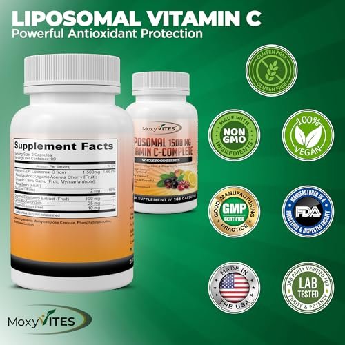 Liposomales Vitamin C mit Zink Kapseln - Bio Holunder, Amla, Camu Camu - Hohe Absorption, Anti-Aging, Immununterstützung, 1500 mg/Portion, 3-Monats-Vorrat, glutenfrei, nicht gentechnisch verändert, vegane Kapseln