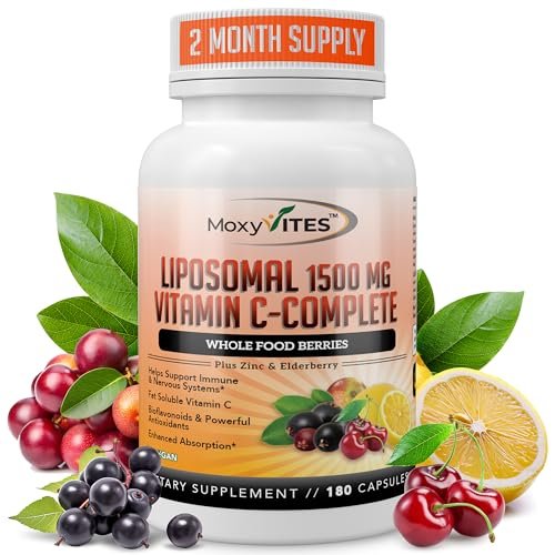 Liposomales Vitamin C mit Zink Kapseln - Bio Holunder, Amla, Camu Camu - Hohe Absorption, Anti-Aging, Immununterstützung, 1500 mg/Portion, 3-Monats-Vorrat, glutenfrei, nicht gentechnisch verändert, vegane Kapseln