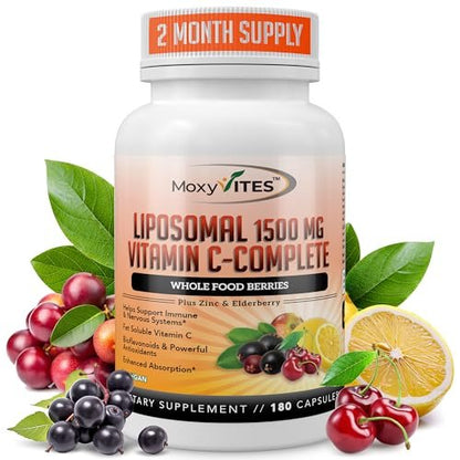 Liposomales Vitamin C mit Zink Kapseln - Bio Holunder, Amla, Camu Camu - Hohe Absorption, Anti-Aging, Immununterstützung, 1500 mg/Portion, 3-Monats-Vorrat, glutenfrei, nicht gentechnisch verändert, vegane Kapseln