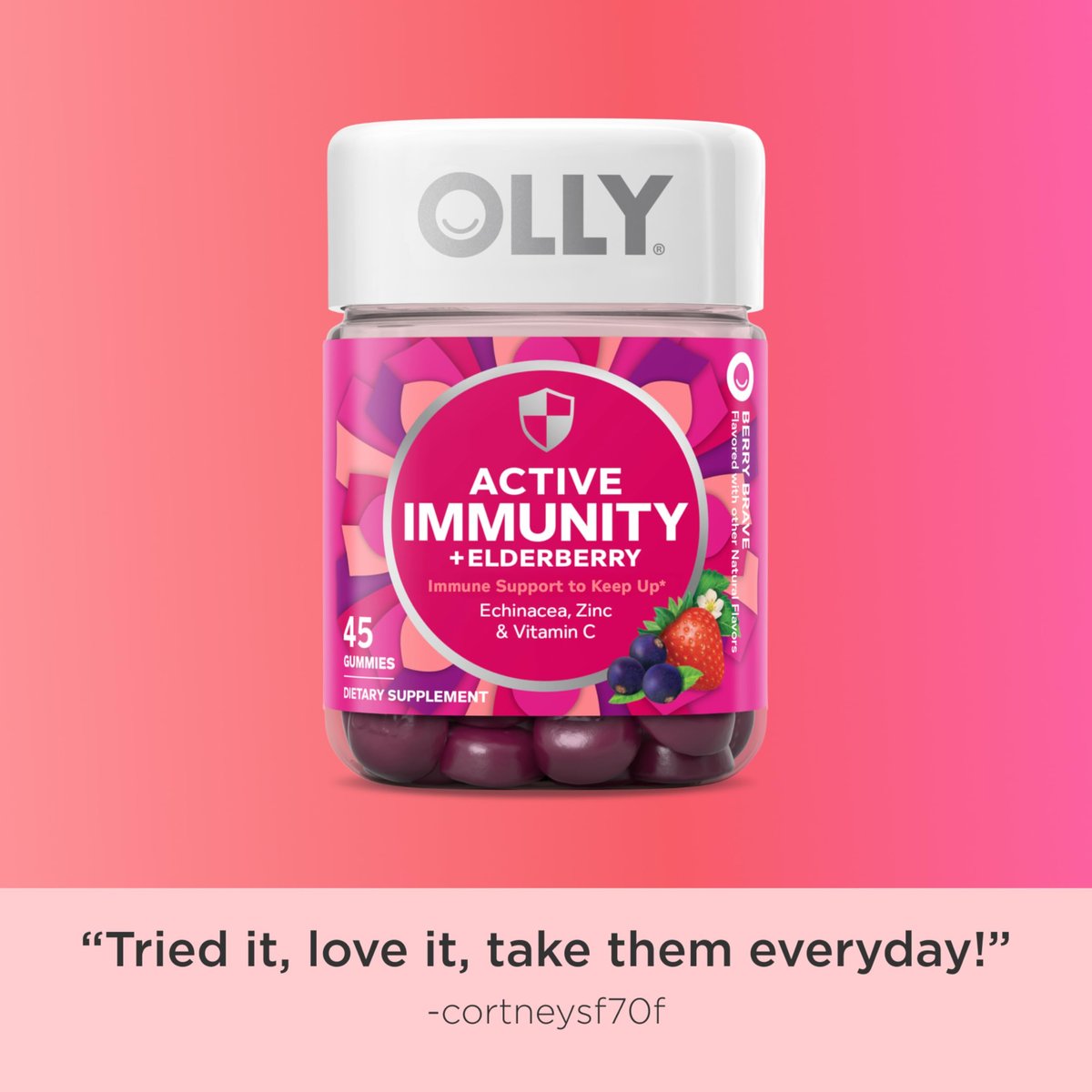 OLLY Active Immunity Gummy – Immununterstützung mit Holunder, Zink & Vitamin C, Beerengeschmack, 45 Stück (15 Tage Vorrat)