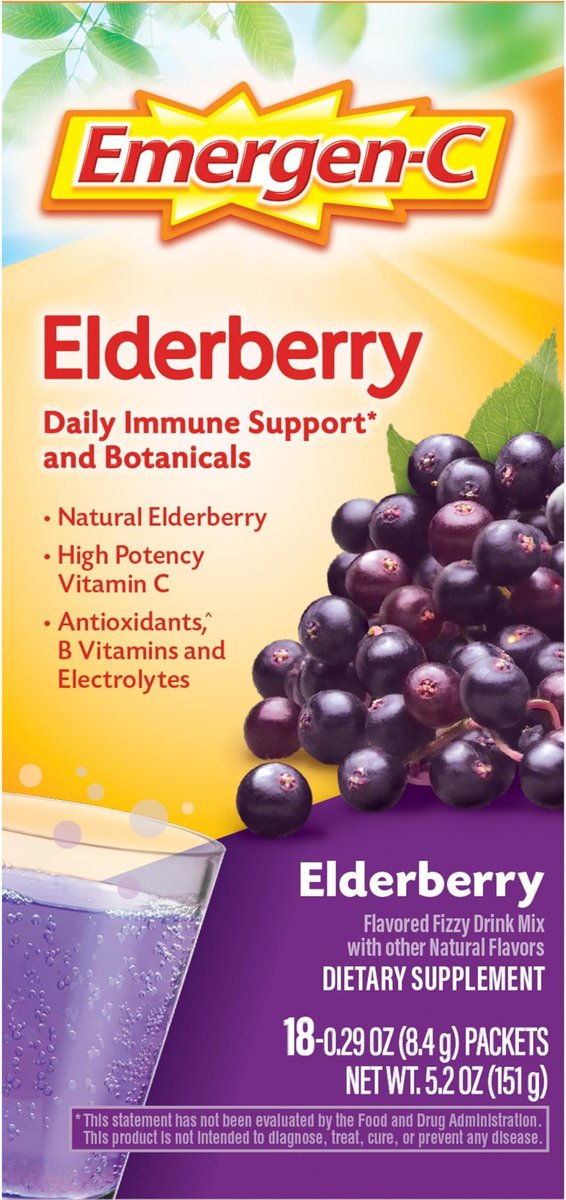 Emergen-C Holunderbeere Brausepulver – Immunsystem-Unterstützung mit hochdosiertem Vitamin C, natürliche Aromen, 18 Portionen