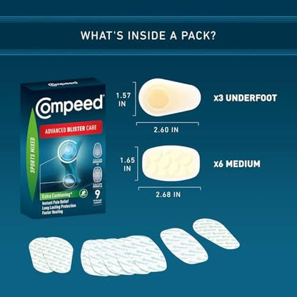 Compeed Advanced Blasenpflaster, Hydrokolloid-Gel-Polster für sofortige Schmerzlinderung und schnellere Heilung, Sport Mischgrößen, 9 Stück (2er Pack)