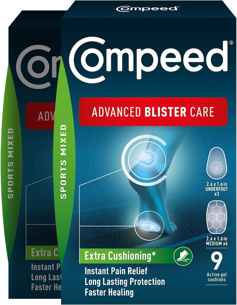 Compeed Advanced Blasenpflaster, Hydrokolloid-Gel-Polster für sofortige Schmerzlinderung und schnellere Heilung, Sport Mischgrößen, 9 Stück (2er Pack)